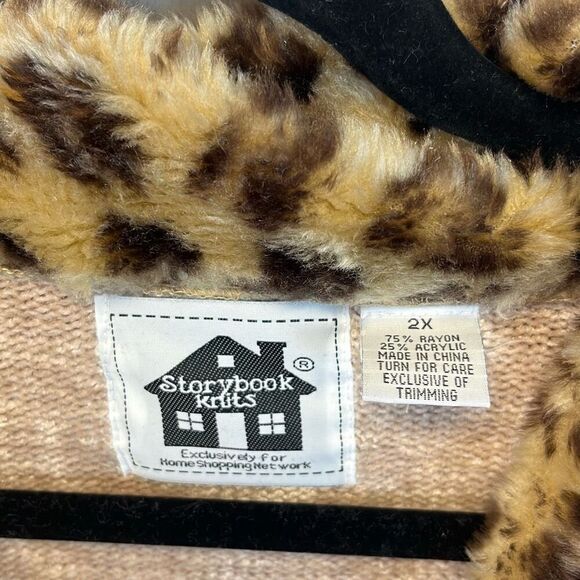 STORYBOOK KNITS Cardigan Sweater Women's 2X Tan Faux Fur Animal Print Trim - Picture 3 of 13